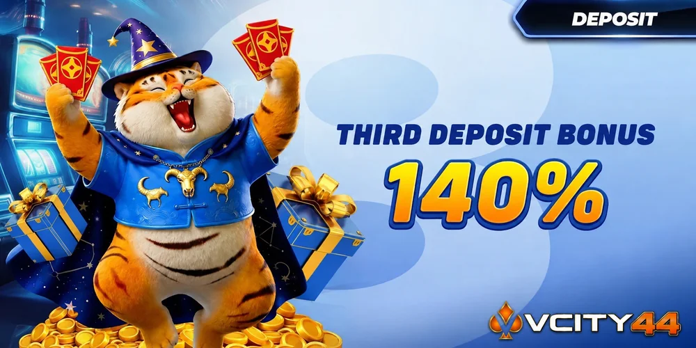 VCity44 third deposit bonus 140 percent promotional banner with cyan headline text on dark blue and gift box graphic.
