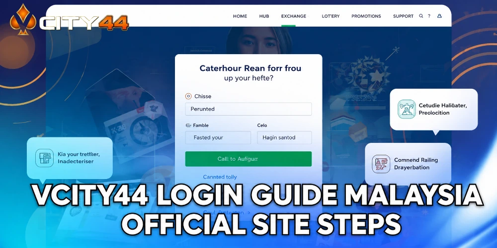 VCity44 login screen on desktop showing sign in fields, username, password, and Malaysian player accessing the official site homepage