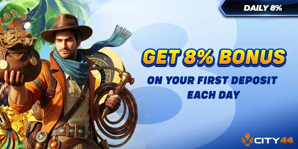 VCity44 daily 8 percent first deposit bonus banner with adventurer mascot, gold coins, and get 8 percent bonus headline on a blue background.