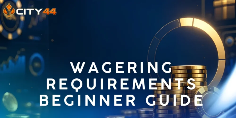 VCity44 beginner guide graphic explaining wagering requirements with bonus multiplier and turnover steps