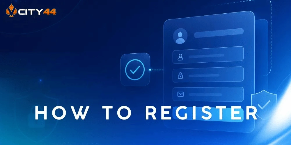 VCity44 registration guide graphic summarising signup steps for new members in Malaysia