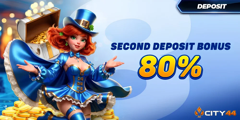 VCity44 second deposit bonus 80 percent banner with leprechaun mascot, treasure chest, gold coins, and yellow deposit tier buttons on a blue background.